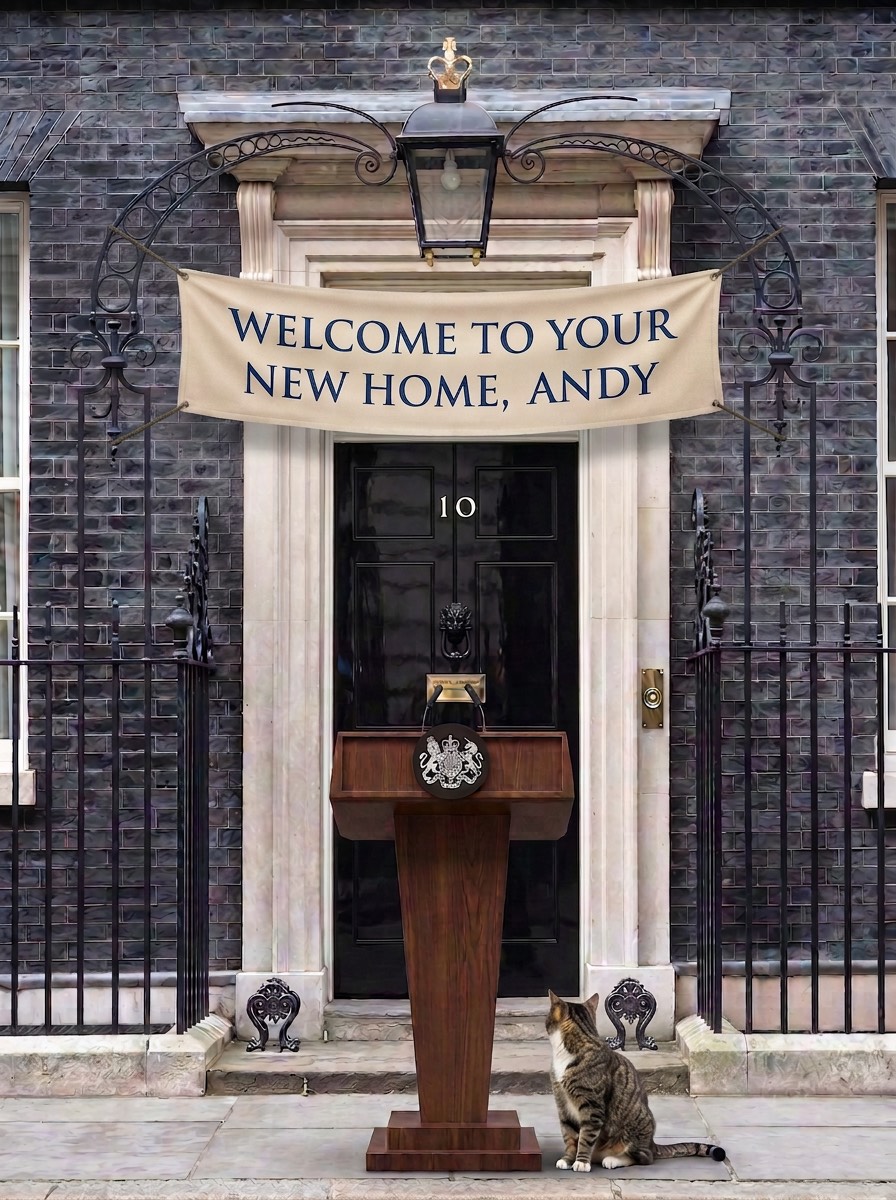 The front of the card: 10 Downing Street's door beneath a canvas banner reading ‘Welcome to your new home, Andy’, an empty lectern on the step and the Downing Street cat beside it